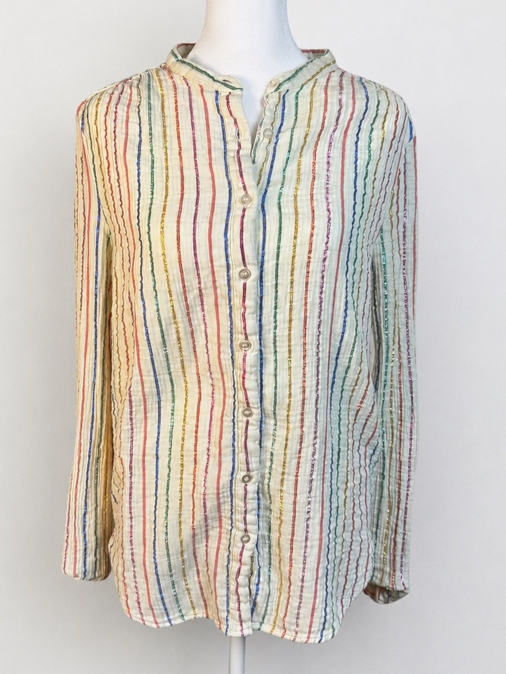 Gap Tall Rainbow Stripe Textured Button Front Blouse Size M Tall